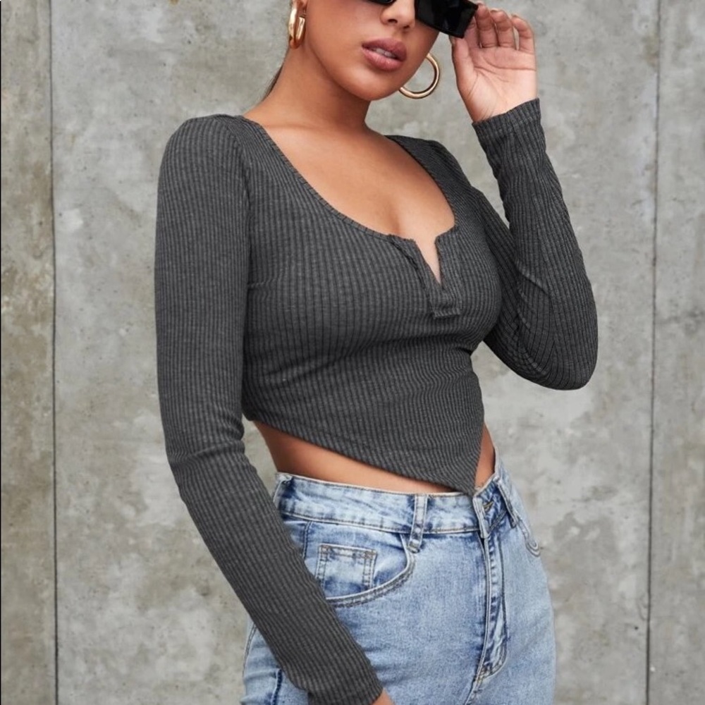 Notch Neck Asymmetrical Hem Long Sleeve Crop Top